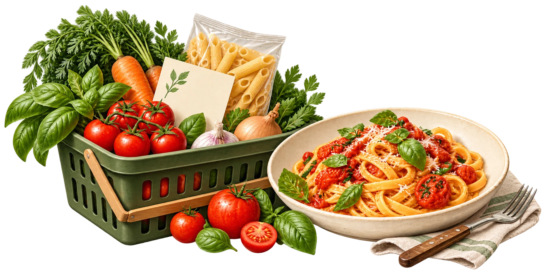 Vihreä kori raaka-aineineen ja reseptikortteineen sekä valmis pasta-annos.
